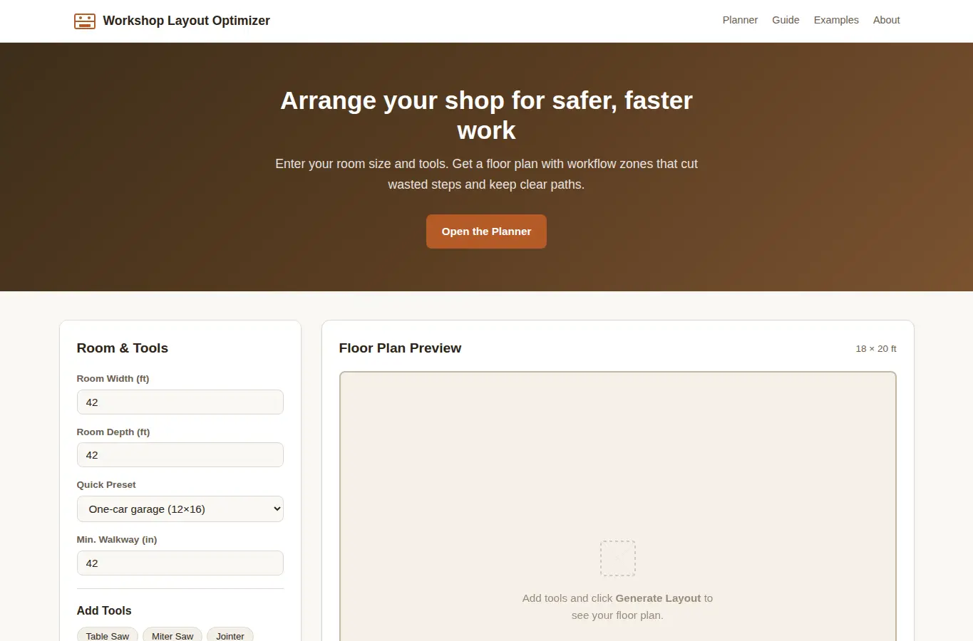 Screenshot of Small Workshop Layout Optimizer interface showing the project page in use